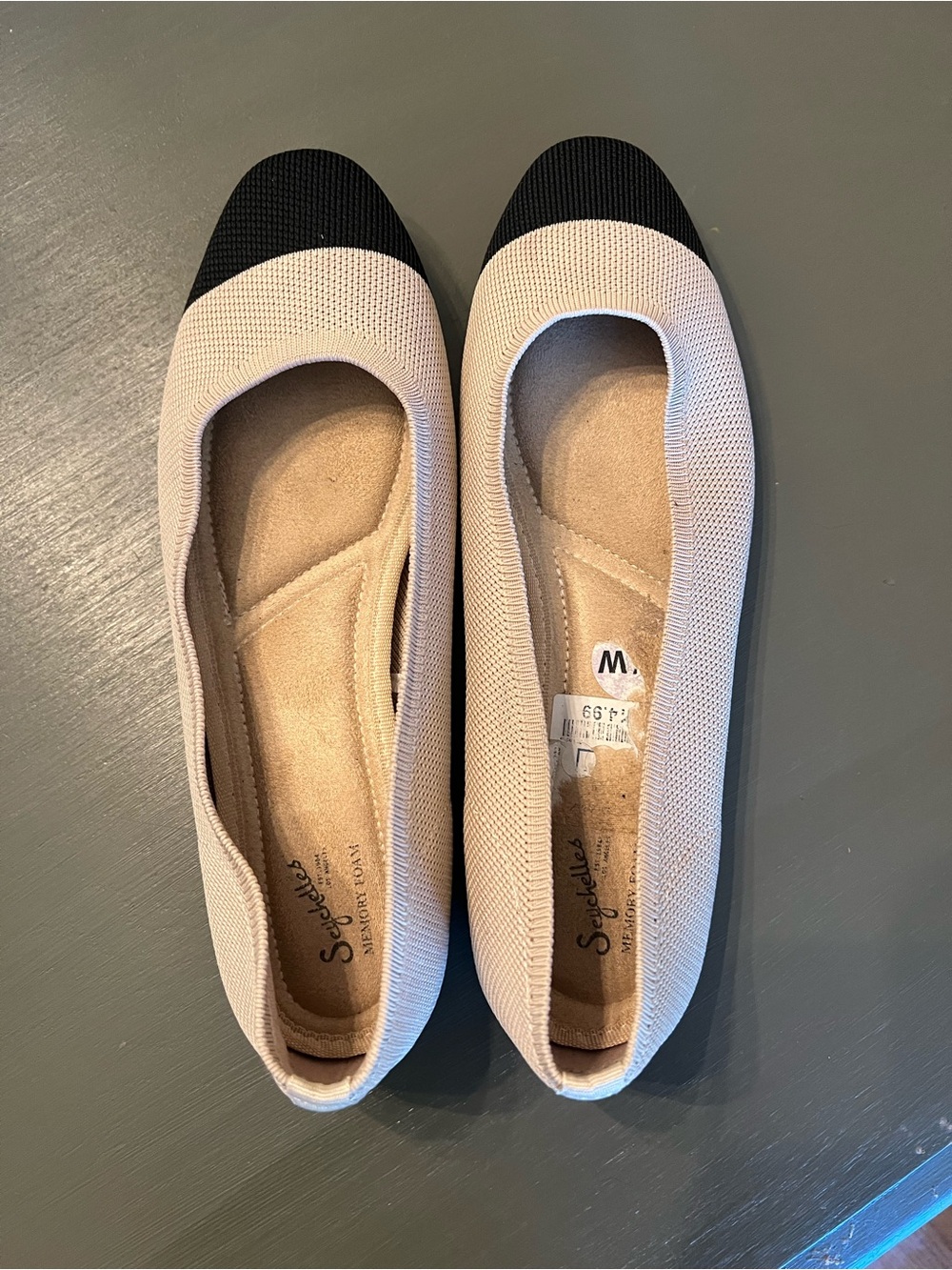 Seychelles Two-Tone Beige and Black Knit Cap-Toe Ballet Flats